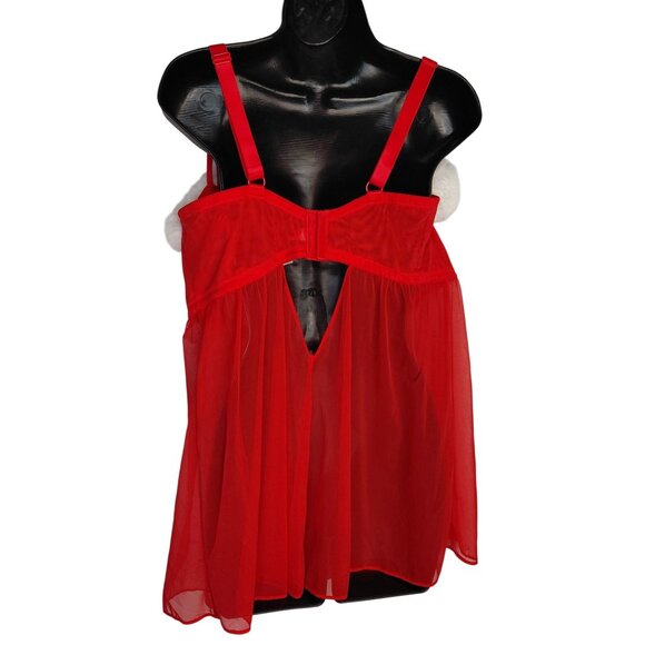 Adore Me Sheer Red Babydoll Lingerie With Faux Fur Trim & Pom Poms Size 40H - Picture 2 of 8